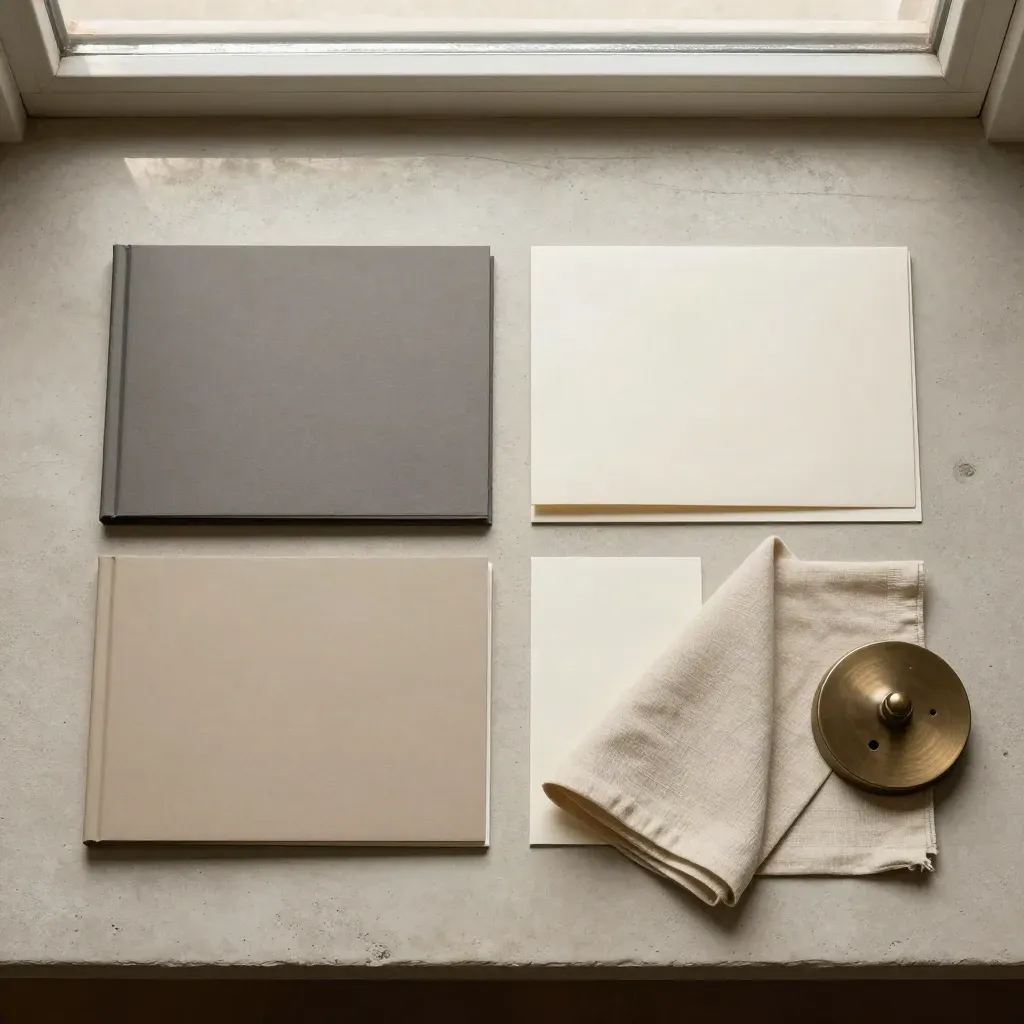 Aankoopadvies-set met map, sleeves, linnen doek en bronzen gewicht in strakke flatlay.