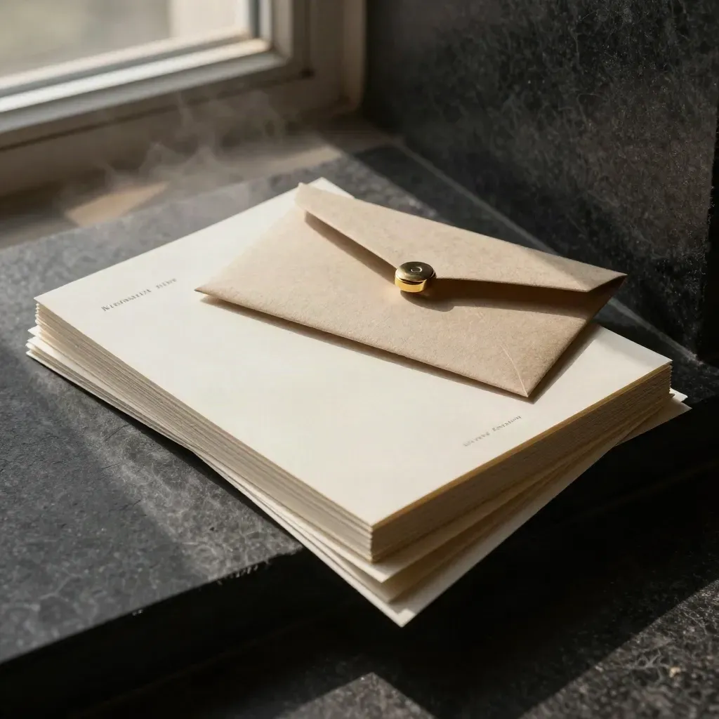 Luxe dossierset met kaarten, envelop en metalen houder in dramatisch donker licht.
