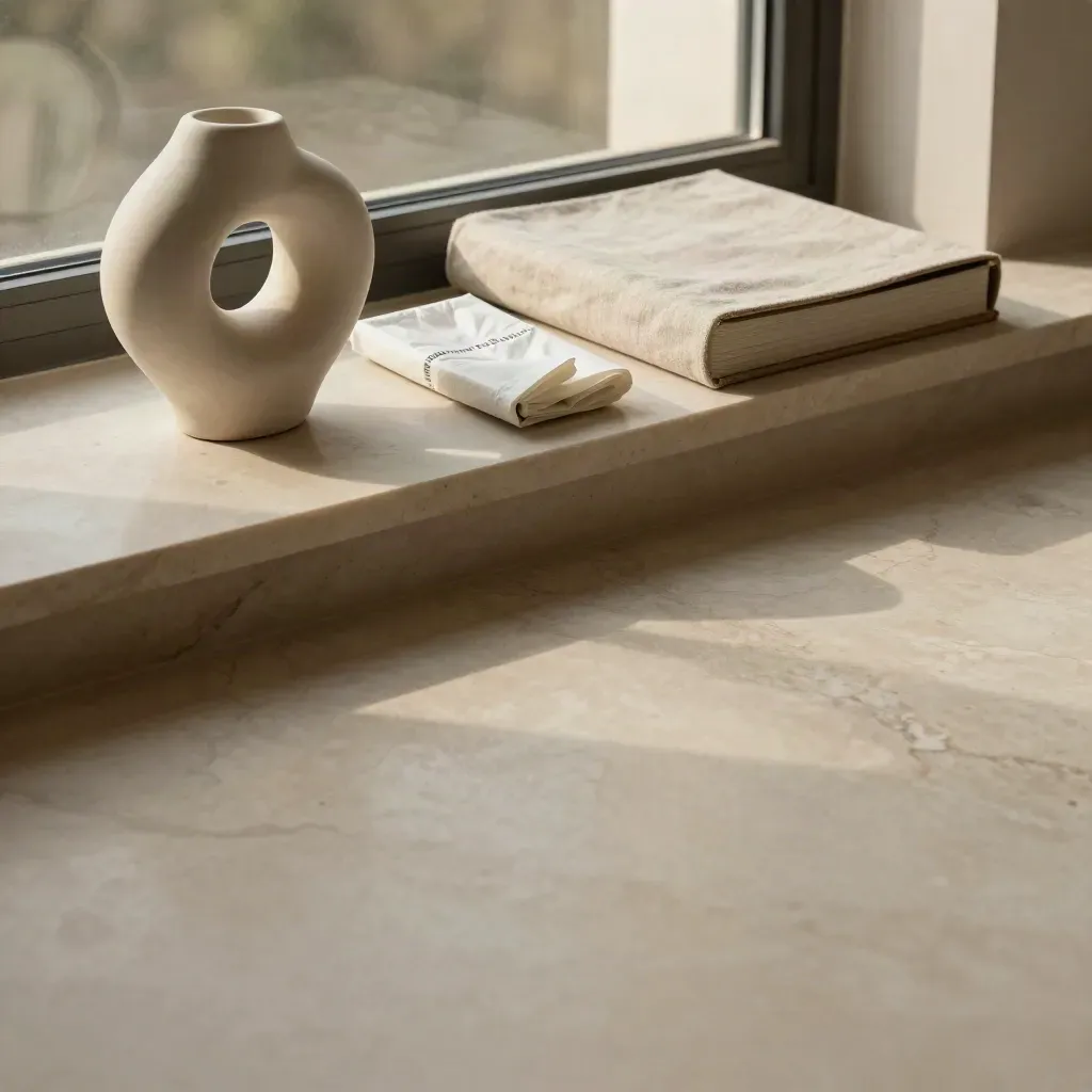 Beige marmeren vensterbank met keramische vorm en archiefmappen in zacht middaglicht.